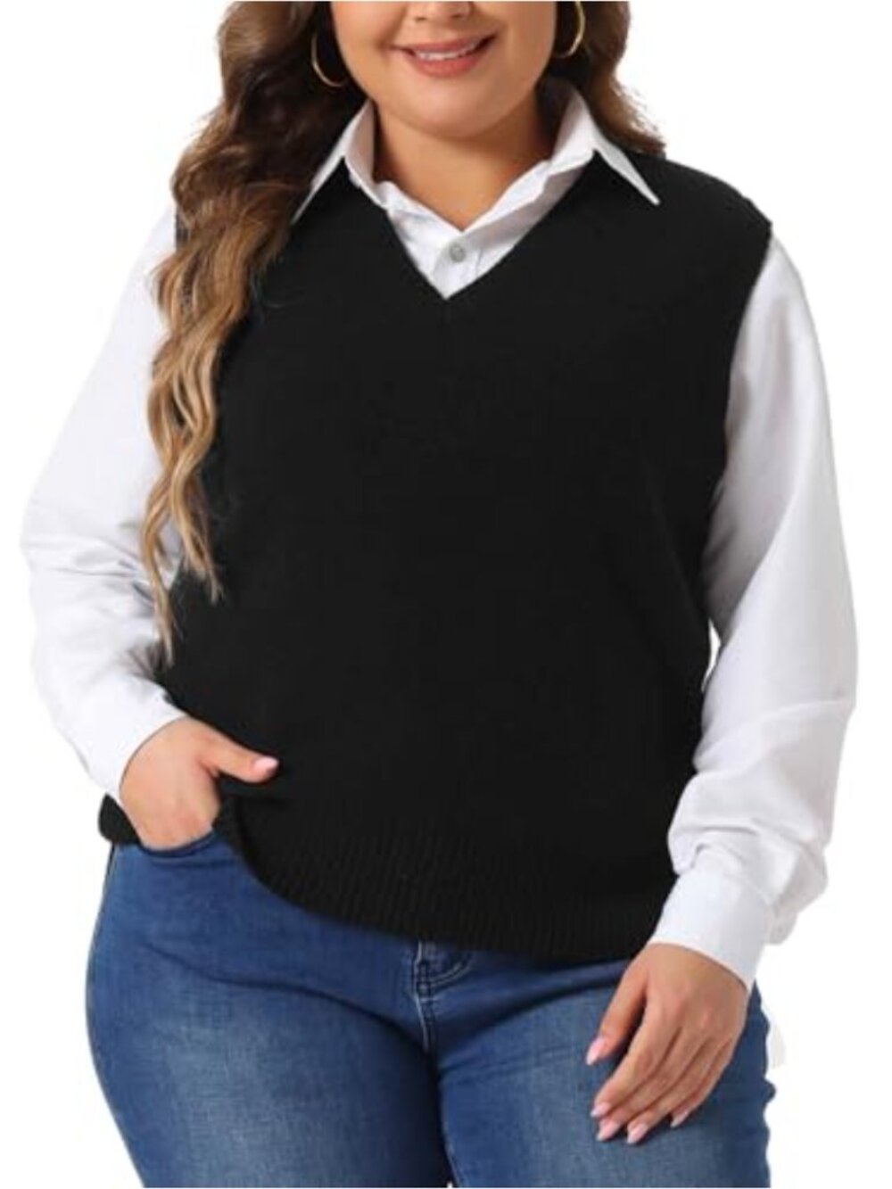 Plus Size Sleeveless Knit Sweater Vest V-Neck Preppy